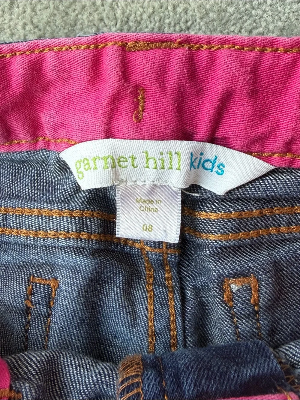 Garnet Hill Kids Dark Blue Skinny Jeans with Pink Waistband